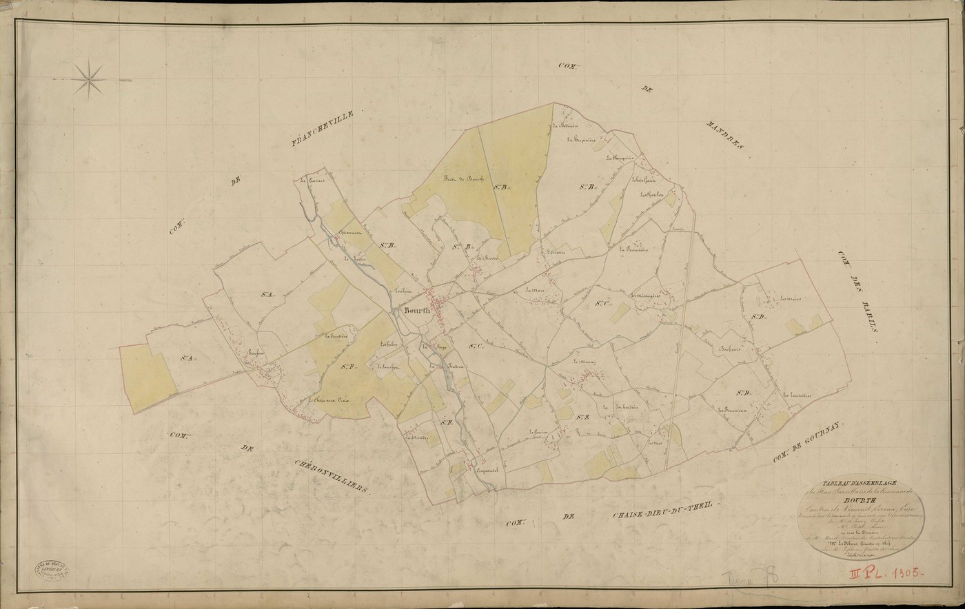 Bourth. Tableau d'assemblage _ du Plan Parcellaire de la Commune de Bourth _ Canton de Verneuil - Evreux - Eure. _ Terminé sur le Terrain le 19 Juin 1836, sous l'administration de M. A. Passy, Préfet _ M. Putel, Maire _ et sous la Direction