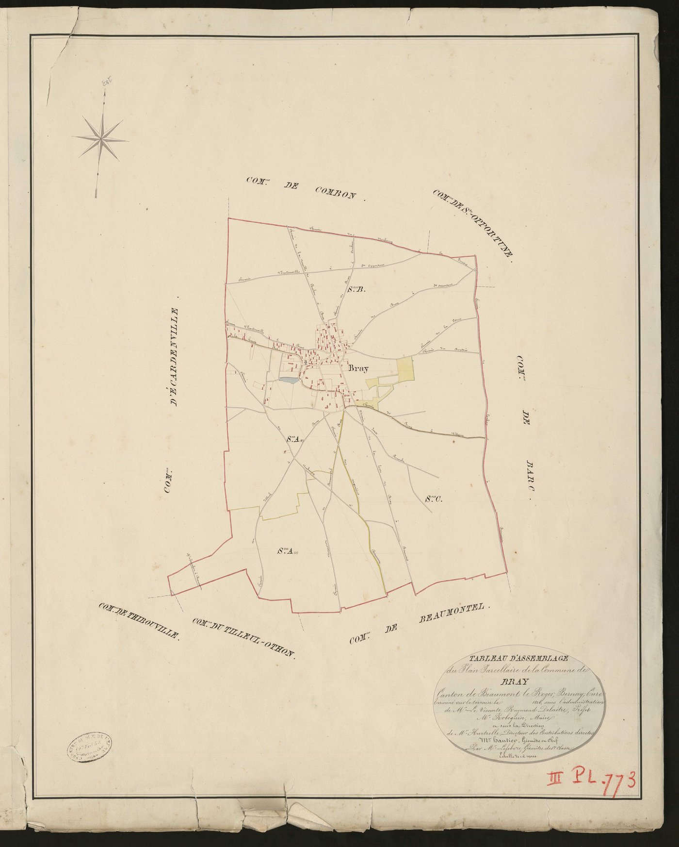 Bray. Tableau d'assemblage _ du Plan Parcellaire de la Commune de Bray. _ Canton de Beaumont-le-Roger - Bernay - Eure. _ Terminé sur le terrain en 1826 sous l'administration de M. Le Vicomte Raymond Delaitre, Préfet _ M. Robequin, maire _ e