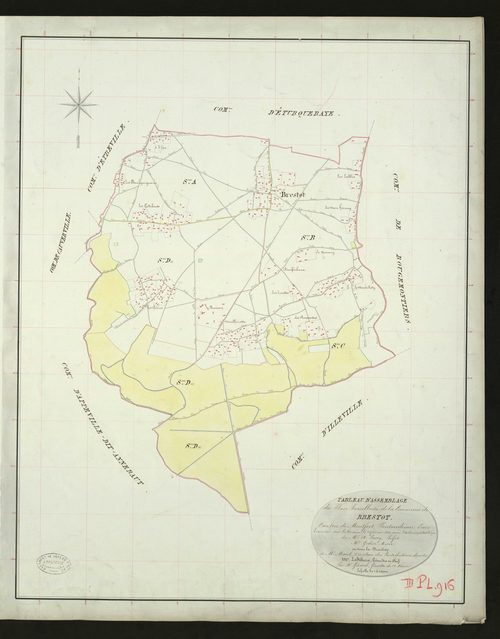 Brestot. Tableau d'assemblage _ du Plan Parcellaire de la Commune de Brestot _ Canton de Montfort - Pontaudemer - Eure. _ Terminé sur le Terrain le 24 février 1832, sous l'administration de M. A Passy, Préfet _ M. Godin, Maire _ sous la Dir