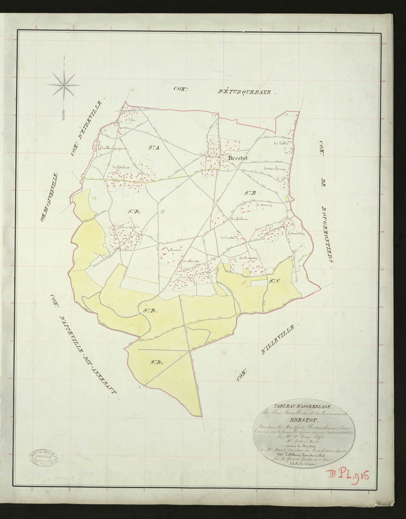 Brestot. Tableau d'assemblage _ du Plan Parcellaire de la Commune de Brestot _ Canton de Montfort - Pontaudemer - Eure. _ Terminé sur le Terrain le 24 février 1832, sous l'administration de M. A Passy, Préfet _ M. Godin, Maire _ sous la Dir