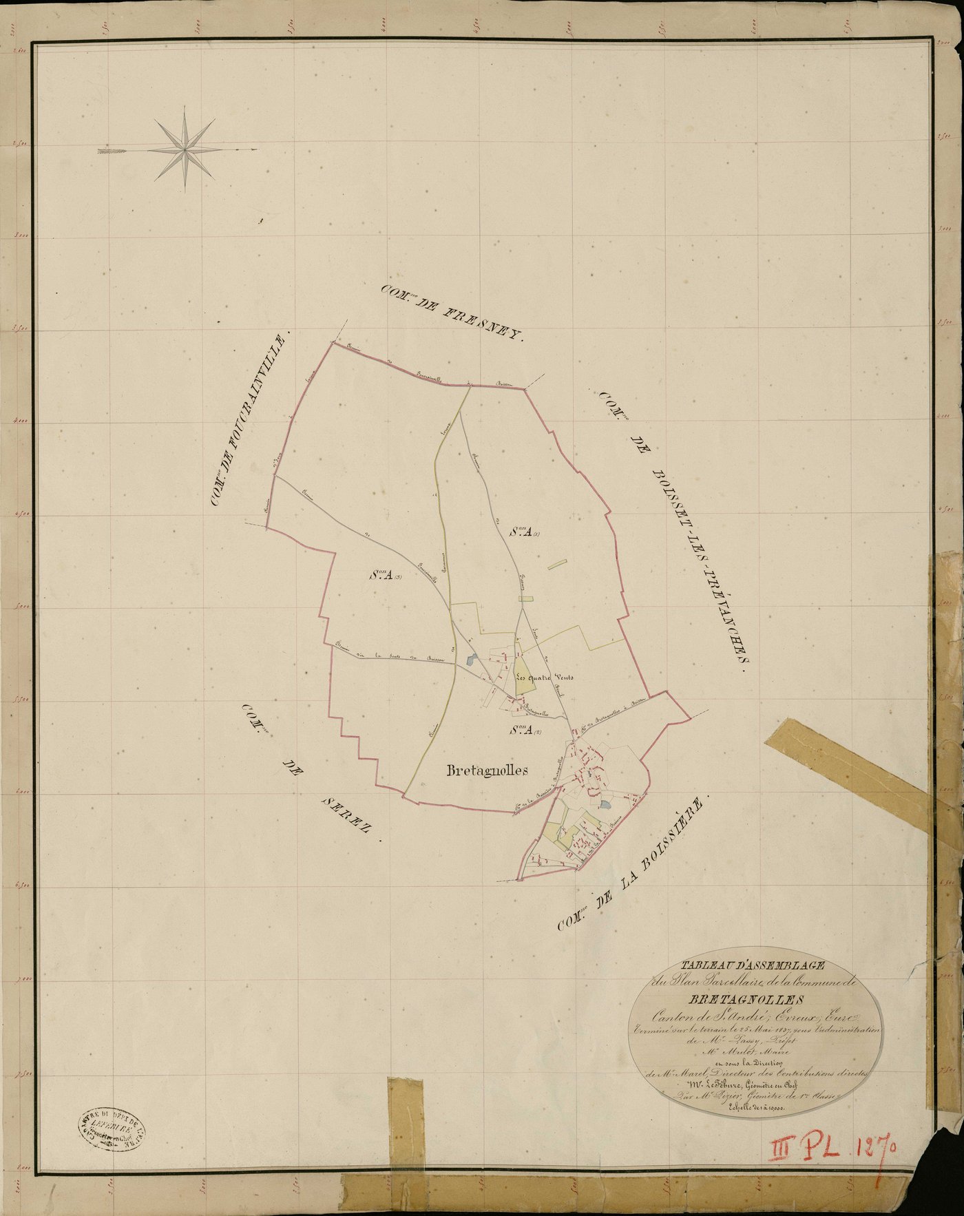 Bretagnolles. Tableau d'assemblage _ du Plan Parcellaire de la Commune de Bretagnolles _ Canton de Saint André - Evreux - Eure. _ Terminé sur le Terrain le 25 Mai 1837, sous l'administration de M. Passy, Préfet _ M. Mulot, Maire _ et sous l