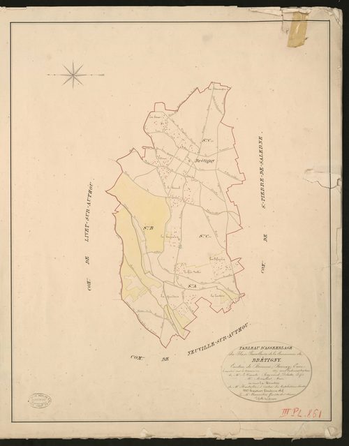 Brétigny. Tableau d'assemblage du Plan Parcellaire de la Commune de Brétigny. _ Canton de Brionne - Bernay - Eure. _ Terminé sur le terrain en 1827, sous l'administration de M. Le Vicomte Raymond Delaitre, Préfet - M. Marabout, Maire et sou