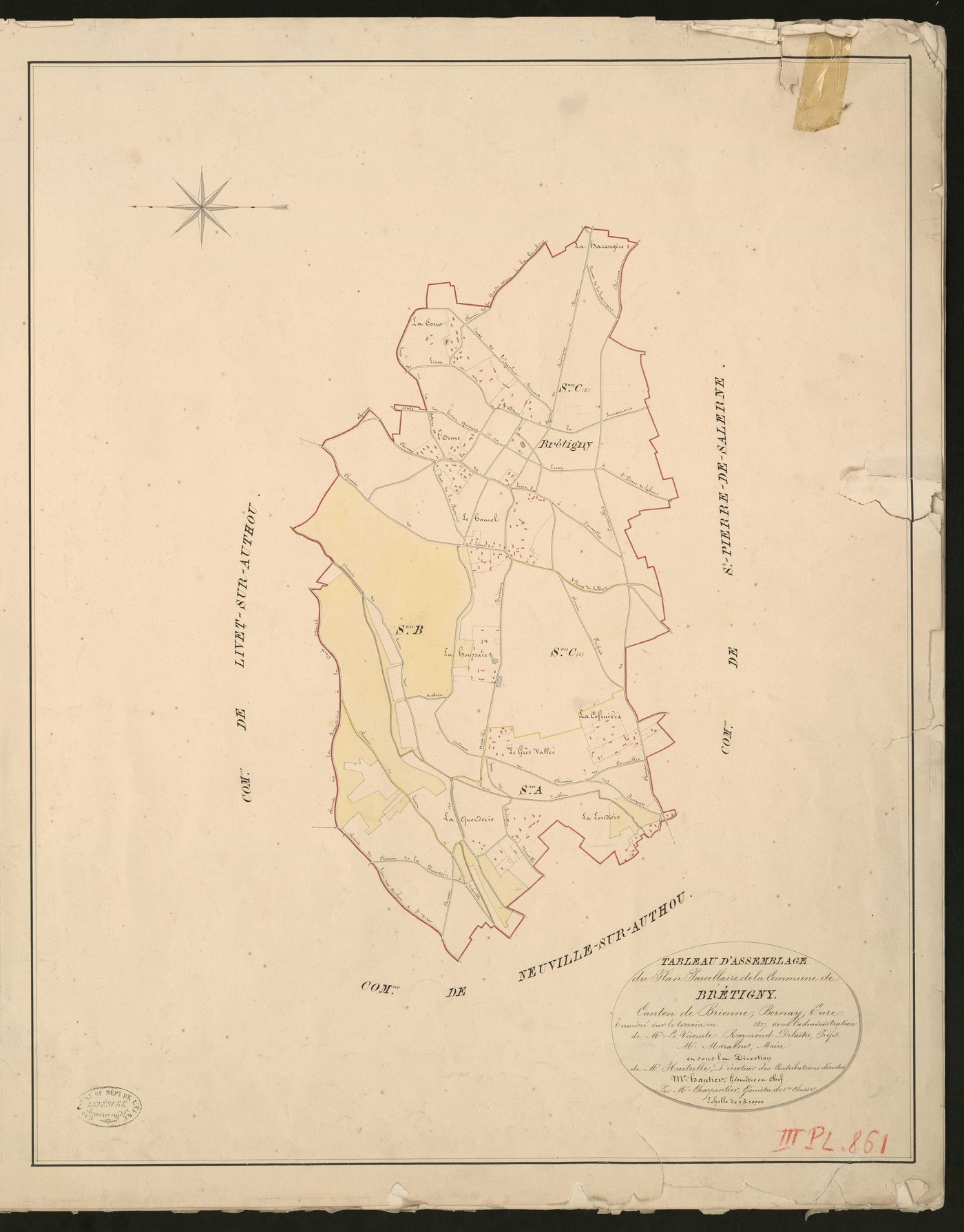 Brétigny. Tableau d'assemblage du Plan Parcellaire de la Commune de Brétigny. _ Canton de Brionne - Bernay - Eure. _ Terminé sur le terrain en 1827, sous l'administration de M. Le Vicomte Raymond Delaitre, Préfet - M. Marabout, Maire et sou