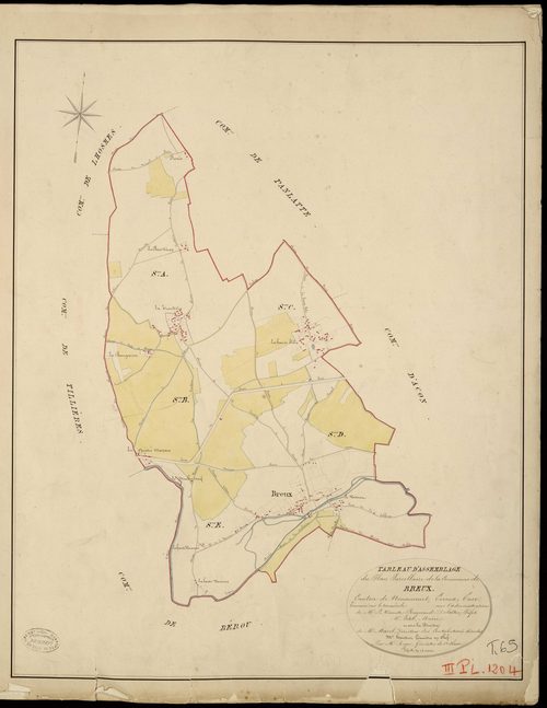 Breux-sur-Avre. Tableau d'assemblage _ du Plan Parcellaire de la Commune de Breux _ Canton de Nonancourt - Evreux - Eure. _ Terminé sur le Terrain le , sous l'administration de M. Le Vicomte Raymond Delaitre, Préfet _ M. Petit, Maire _ et s