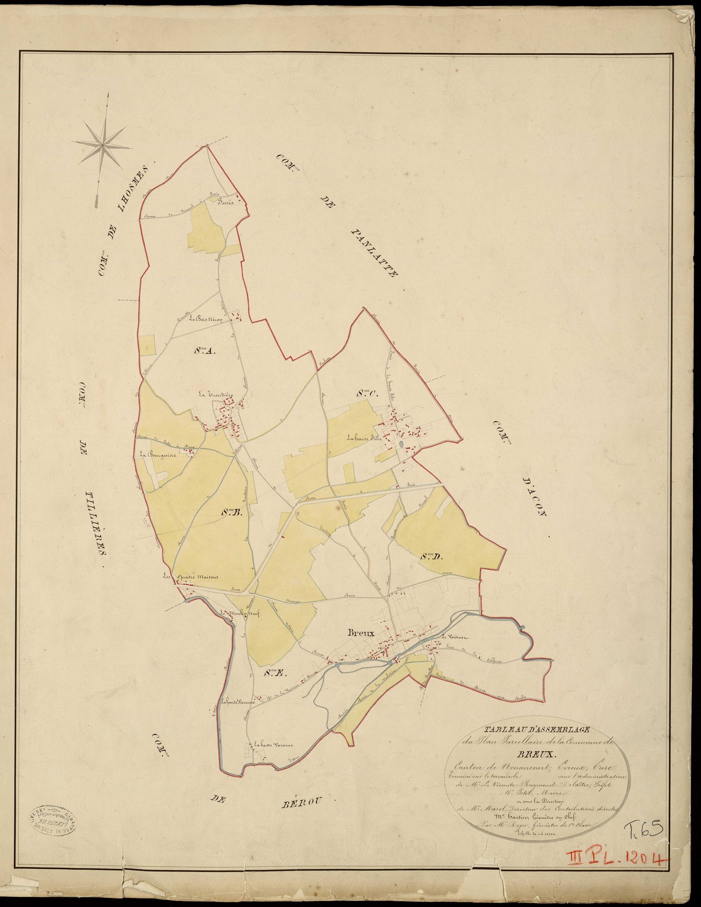 Breux-sur-Avre. Tableau d'assemblage _ du Plan Parcellaire de la Commune de Breux _ Canton de Nonancourt - Evreux - Eure. _ Terminé sur le Terrain le , sous l'administration de M. Le Vicomte Raymond Delaitre, Préfet _ M. Petit, Maire _ et s