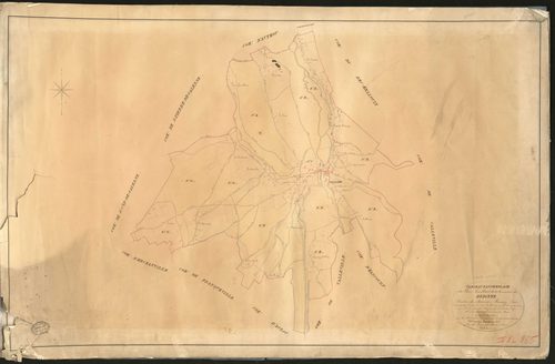 Brionne. Tableau d'assemblage du Plan Parcellaire de la Commune de Brionne. _ Canton de Brionne - Bernay - Eure. _ Terminé sur le terrain le 2 juillet 1827, sous l'administration de M. Le Vicomte Raymond Delaitre, Préfet - M. De Frémont des