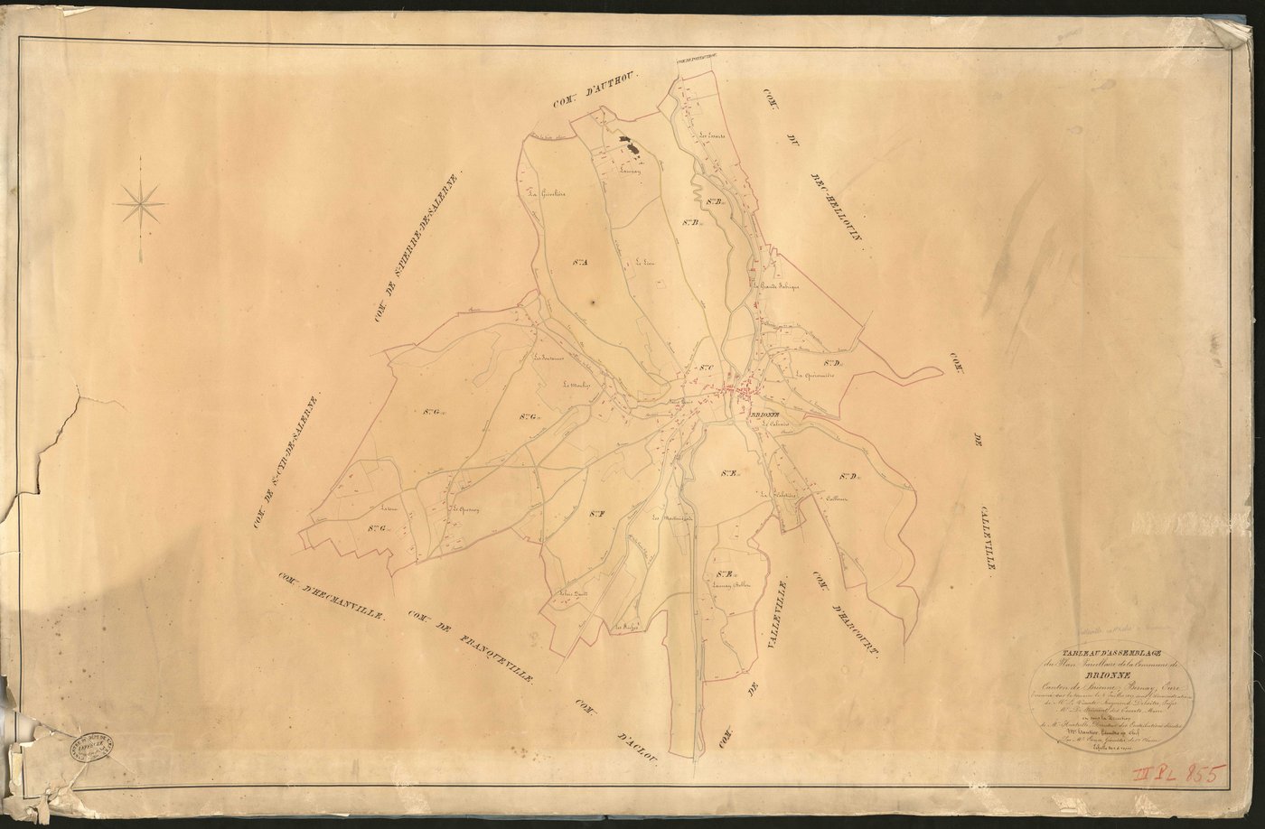 Brionne. Tableau d'assemblage du Plan Parcellaire de la Commune de Brionne. _ Canton de Brionne - Bernay - Eure. _ Terminé sur le terrain le 2 juillet 1827, sous l'administration de M. Le Vicomte Raymond Delaitre, Préfet - M. De Frémont des