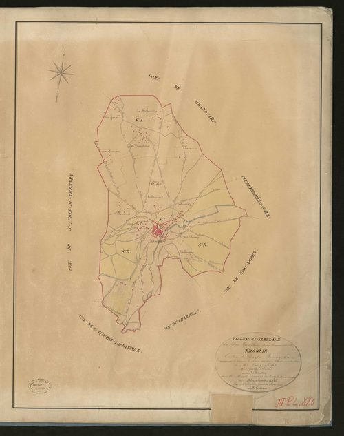 Broglie. Tableau d'assemblage _ du Plan Parcellaire de la Commune de Broglie _ Canton de Broglie - Bernay - Eure. _ Terminé sur le Terrain le 15 juin 1831, sous l'administration de M. Passy, Préfet _ M. Fleury, Maire _ en sous la Direction 