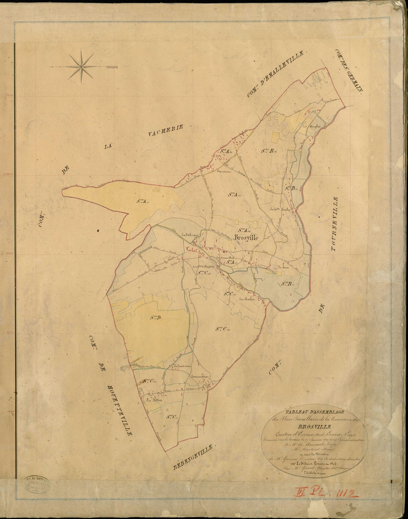 Brosville. Tableau d'assemblage _ du Plan Parcellaire de la Commune du Brosville _ Canton de Evreux (nord) - Evreux - Eure. _ Terminé sur le Terrain le 29 Janvier 1843 , sous l'administration de M. de Monicault, Préfet _ M. Martinot, Maire 