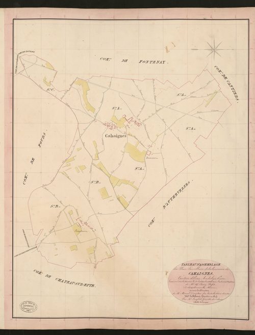 Cahaignes. Tableau d'assemblage du Plan Parcellaire de la Commune de Cahaignes. _ Canton d'Ecos - Andelys, Eure. _ Terminé sur le terrain le 31 septembre 1836, sous l'administration de M. A. Passy, Préfet - Debois dénements, Maire et sous l