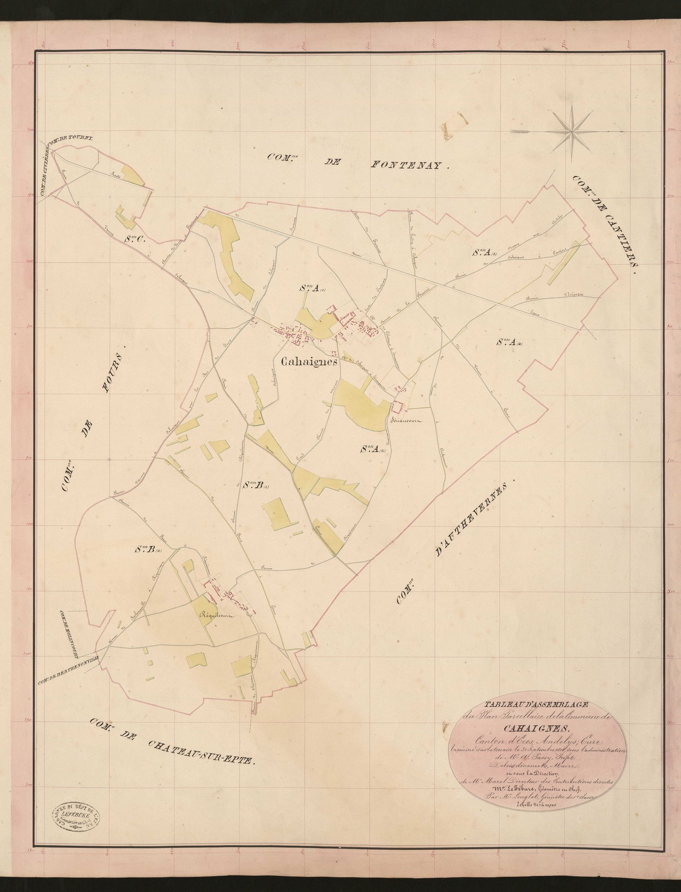 Cahaignes. Tableau d'assemblage du Plan Parcellaire de la Commune de Cahaignes. _ Canton d'Ecos - Andelys, Eure. _ Terminé sur le terrain le 31 septembre 1836, sous l'administration de M. A. Passy, Préfet - Debois dénements, Maire et sous l