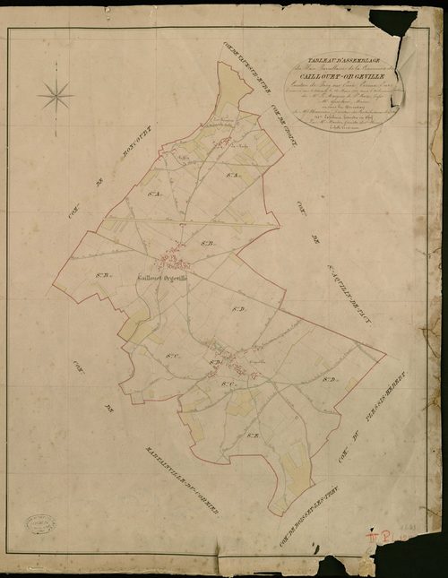 Caillouet-Orgeville. Tableau d'assemblage _ du Plan Parcellaire de la Commune de Caillouet-Orgeville _ Canton de Pacy sur Eure - Evreux - Eure. _ Terminé sur le Terrain le 26 Mars 1853, sous l'administration de M. Le Marquis de Ste Croix, P