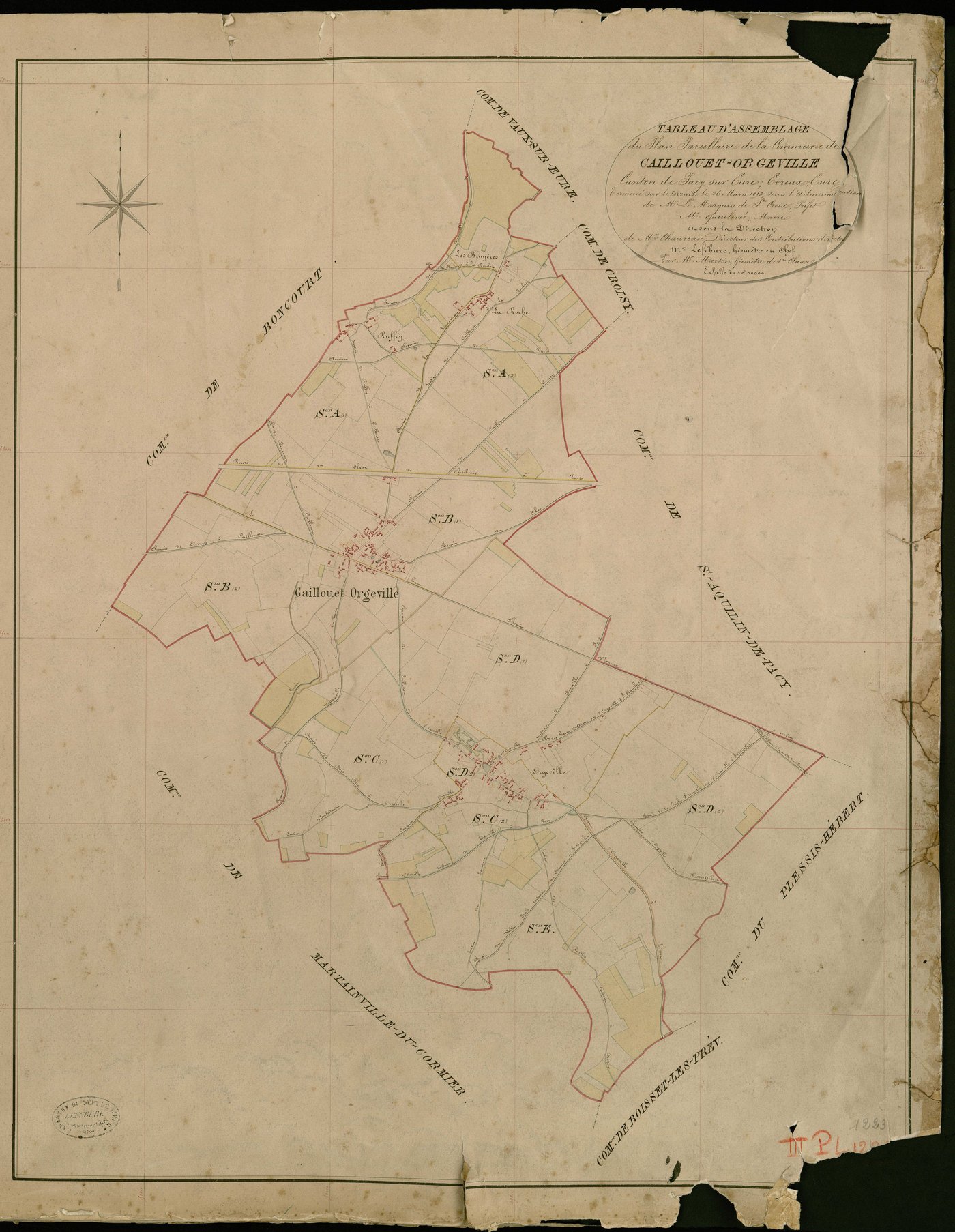 Caillouet-Orgeville. Tableau d'assemblage _ du Plan Parcellaire de la Commune de Caillouet-Orgeville _ Canton de Pacy sur Eure - Evreux - Eure. _ Terminé sur le Terrain le 26 Mars 1853, sous l'administration de M. Le Marquis de Ste Croix, P