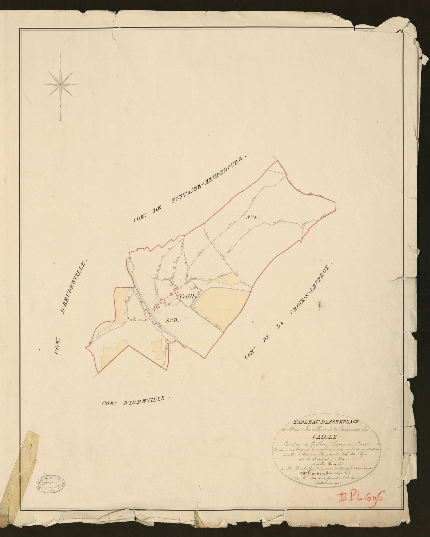 Cailly-sur-Eure. Tableau d'assemblage du Plan Parcellaire de la Commune de Cailly. _ Canton de Gaillon - Louviers - Eure. _ Terminé sur le terrain le 4 septembre 1829, sous l'administration de M. Le Vicomte Raymond Delaitre, Préfet - M. Le 