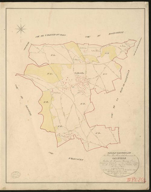 Calleville. Tableau d'assemblage du Plan Parcellaire de la Commune de Calleville. _ Canton de Brionne - Bernay - Eure. _ Terminé sur le terrain en 1827, sous l'administration de M. Le Vicomte Raymond Delaitre, Préfet - M. Jouen, Maire et so