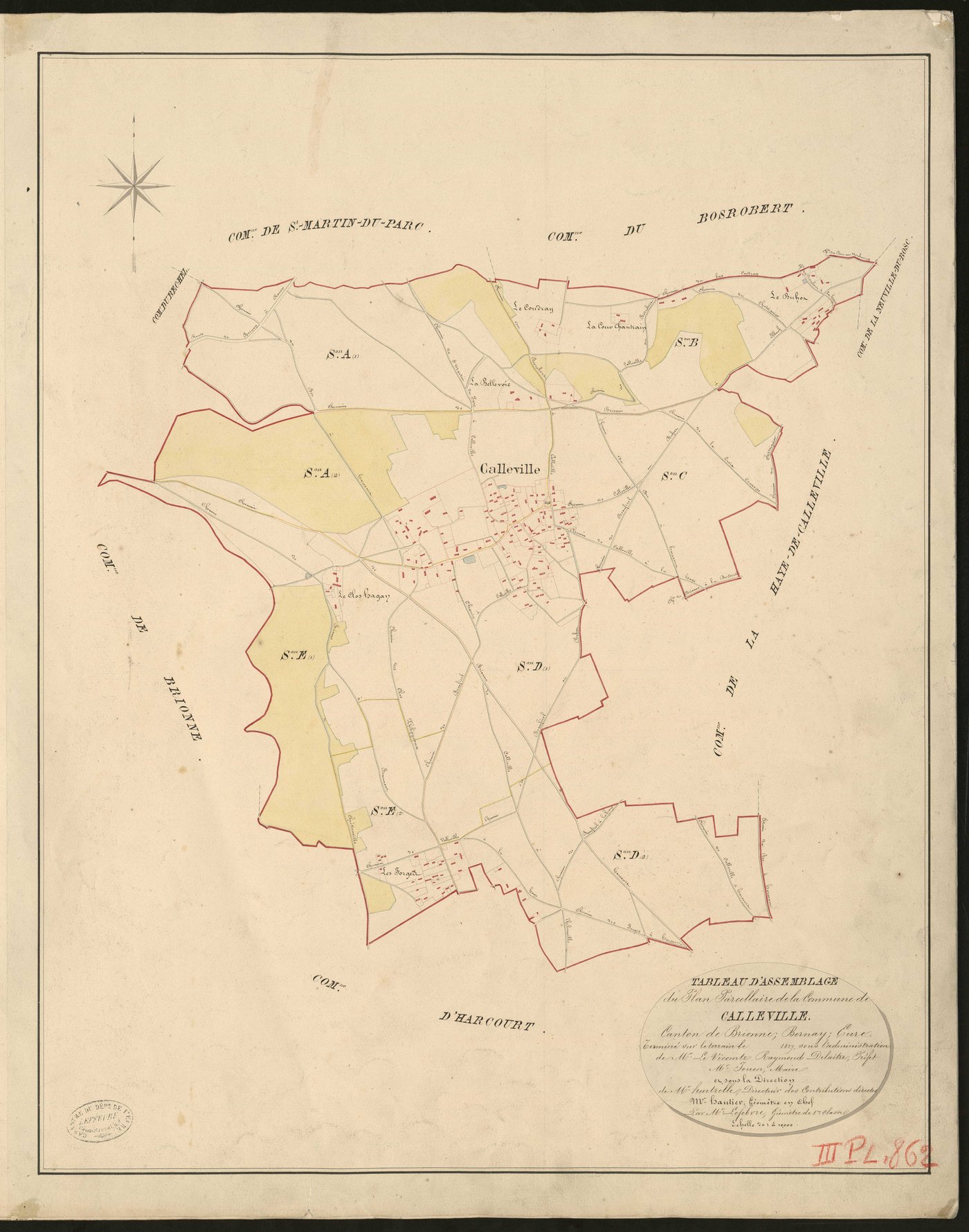 Calleville. Tableau d'assemblage du Plan Parcellaire de la Commune de Calleville. _ Canton de Brionne - Bernay - Eure. _ Terminé sur le terrain en 1827, sous l'administration de M. Le Vicomte Raymond Delaitre, Préfet - M. Jouen, Maire et so