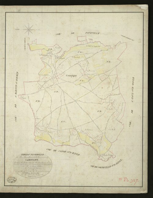 Campigny. Tableau d'assemblage _ du Plan Parcellaire de la Commune de Campigny _ Canton de Pontaudemer - Pontaudemer - Eure. _ Terminé sur le Terrain le 25 aout 1832, sous l'administration de M. A Passy, Préfet _ M. Delaunay, Maire _ sous l