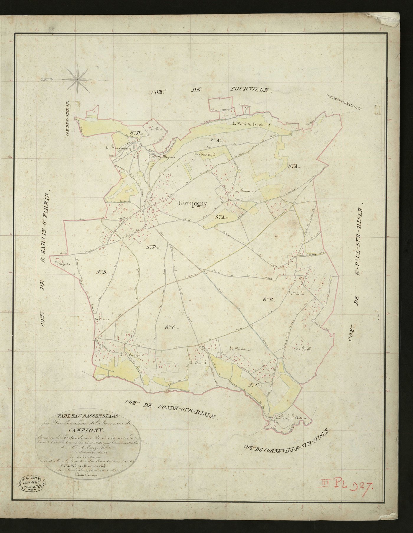 Campigny. Tableau d'assemblage _ du Plan Parcellaire de la Commune de Campigny _ Canton de Pontaudemer - Pontaudemer - Eure. _ Terminé sur le Terrain le 25 aout 1832, sous l'administration de M. A Passy, Préfet _ M. Delaunay, Maire _ sous l