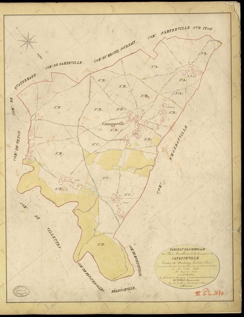 Canappeville. Tableau d'assemblage _ du Plan Parcellaire de la Commune de Canappeville _ Canton de Neubourg - Louviers - Eure. _ Terminé sur le Terrain le 25 Septembre 1845, sous l'administration de M. Zédé, Préfet _ M. Auzoux, Maire _ et s