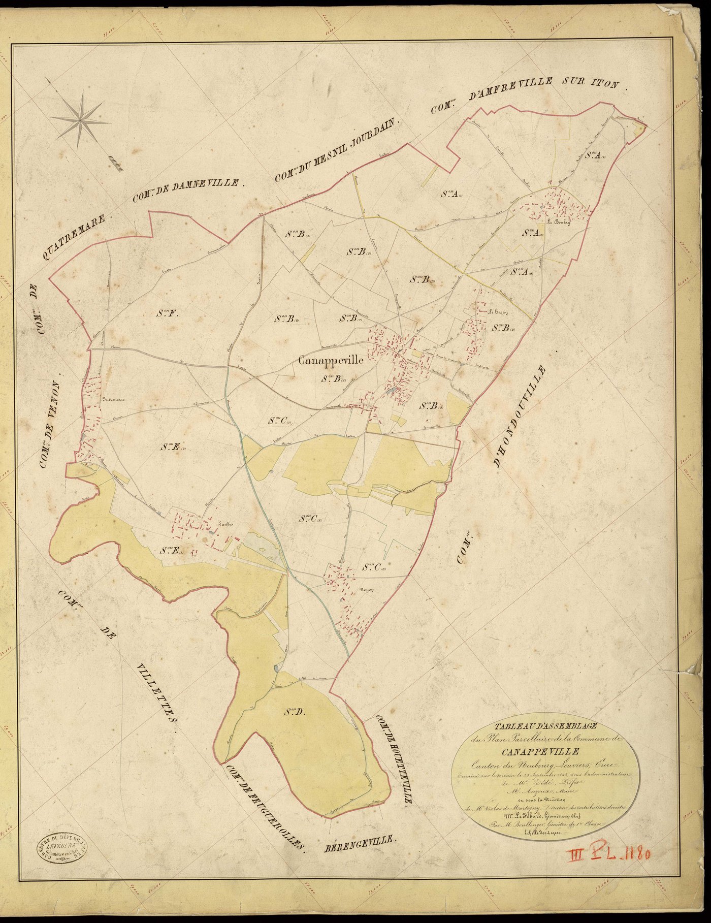 Canappeville. Tableau d'assemblage _ du Plan Parcellaire de la Commune de Canappeville _ Canton de Neubourg - Louviers - Eure. _ Terminé sur le Terrain le 25 Septembre 1845, sous l'administration de M. Zédé, Préfet _ M. Auzoux, Maire _ et s