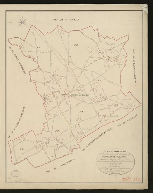 Capelle-les-Grands. Tableau d'assemblage _ du Plan Parcellaire de la Commune de Capelles-les-Grands _ Canton de Broglie - Bernay - Eure. _ Terminé sur le Terrain le 14 mars 1831, sous l'administration de M. Passy, Préfet _ M. Gueroude, Mair