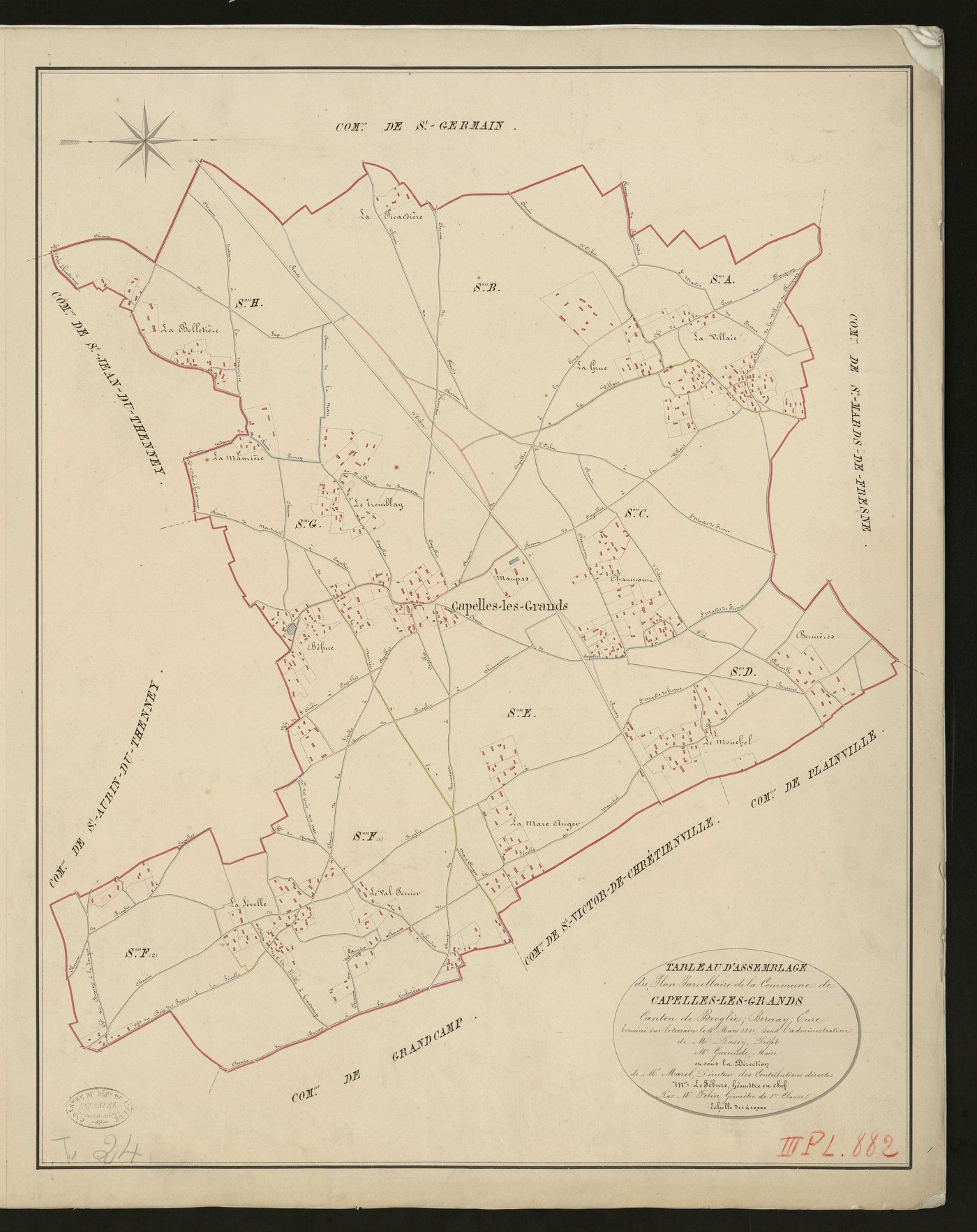 Capelle-les-Grands. Tableau d'assemblage _ du Plan Parcellaire de la Commune de Capelles-les-Grands _ Canton de Broglie - Bernay - Eure. _ Terminé sur le Terrain le 14 mars 1831, sous l'administration de M. Passy, Préfet _ M. Gueroude, Mair