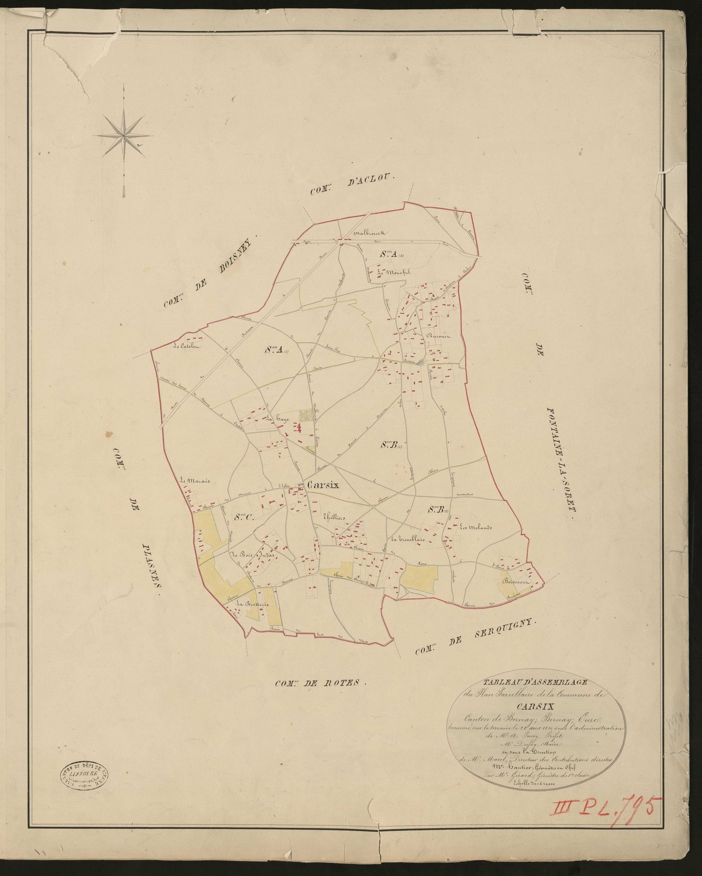 Carsix. Tableau d'assemblage du Plan Parcellaire de la Commune de Carsix _ Canton de Bernay - Bernay - Eure. _ Terminé sur le terrain le 28 août 1830, sous l'administration de M. A Passy, Préfet - M. Dufay, Maire et sous la direction de M. 