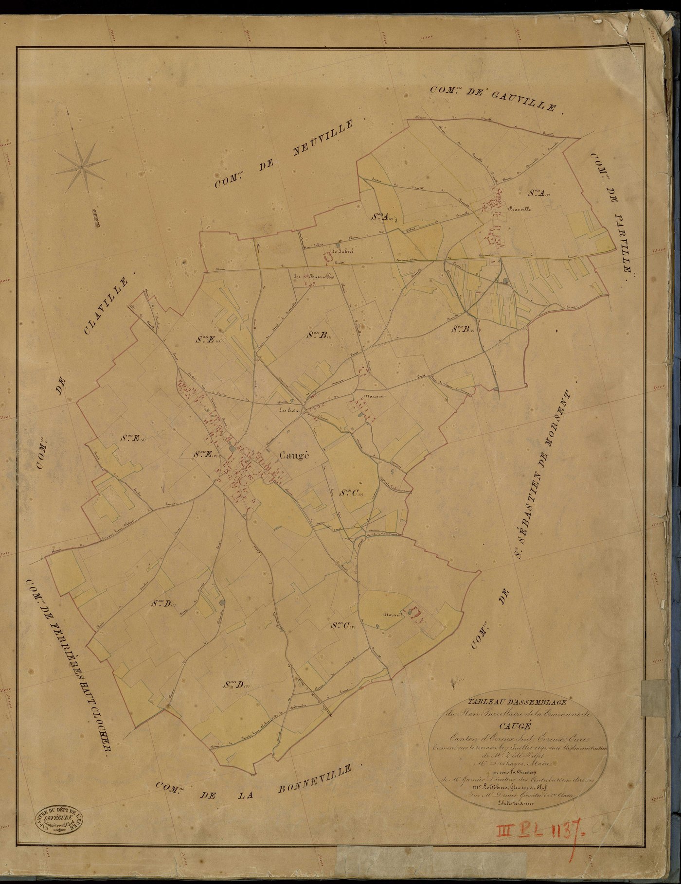 Caugé. Tableau d'assemblage _ du Plan Parcellaire de la Commune de Caugé _ Canton de Evreux Sud - Evreux - Eure. _ Terminé sur le Terrain le 7 Juillet 1841 , sous l'administration de M. Zédé, Préfet _ M. Deshayes, Maire _ sous la Direction 