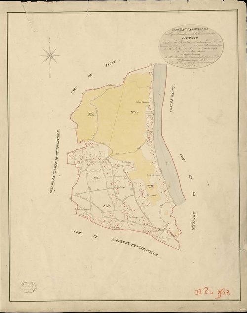 Caumont. Tableau d'assemblage _ du Plan Parcellaire de la Commune de Caumont _ Canton de Routot - Pontaudemer - Eure. _ Terminé sur le Terrain en 1826 , sous l'administration de M.Le Vicomte Raymond Delaitre, Préfet _ M. Decolombel, Maire _