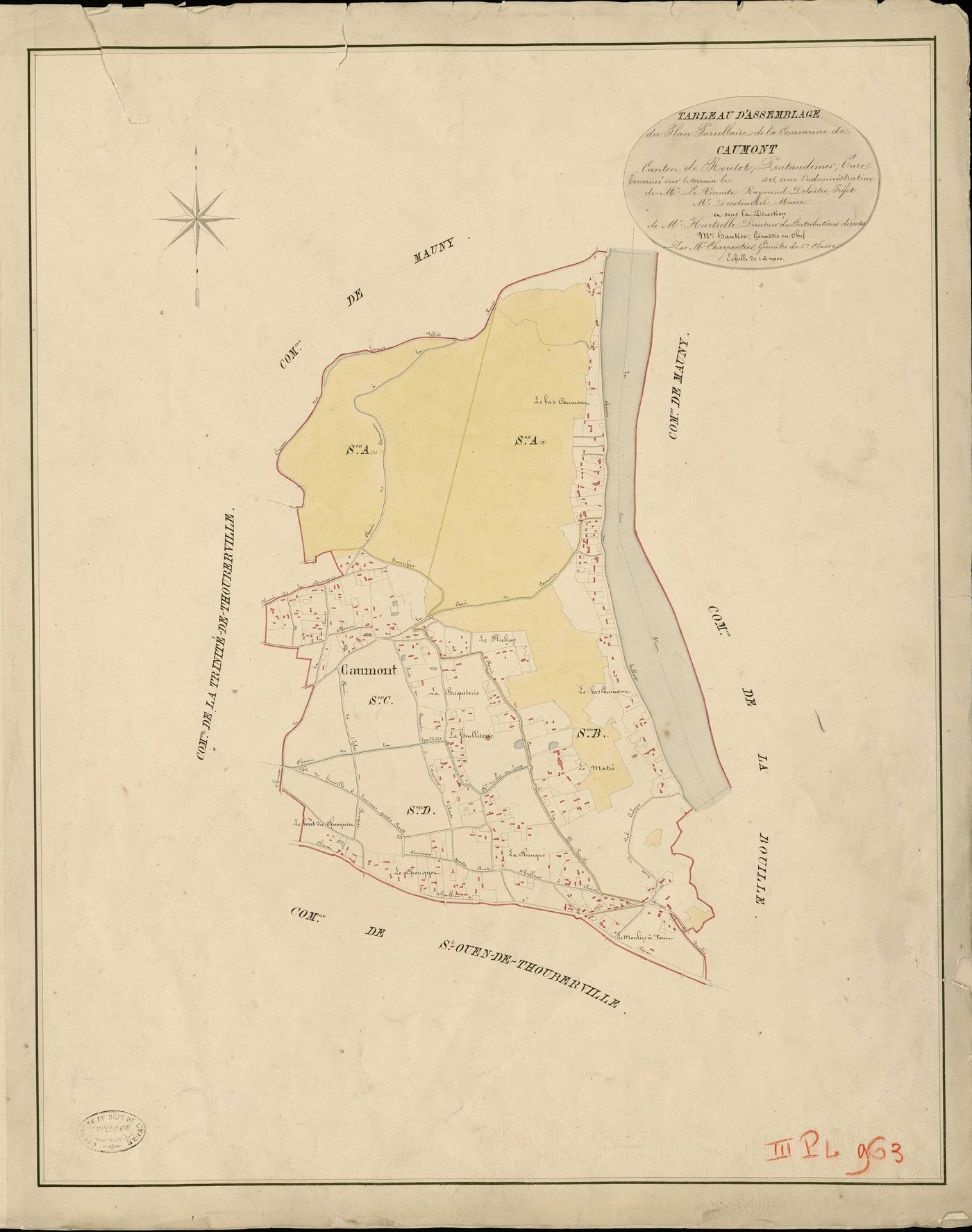 Caumont. Tableau d'assemblage _ du Plan Parcellaire de la Commune de Caumont _ Canton de Routot - Pontaudemer - Eure. _ Terminé sur le Terrain en 1826 , sous l'administration de M.Le Vicomte Raymond Delaitre, Préfet _ M. Decolombel, Maire _