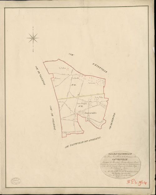 Cauverville-en-Roumois. Tableau d'assemblage _ du Plan Parcellaire de la Commune de Cauverville _ Canton de Routot - Pontaudemer - Eure. _ Terminé sur le Terrain en octobre 1826 , sous l'administration de M.Le Vicomte Raymond Delaitre, Préf