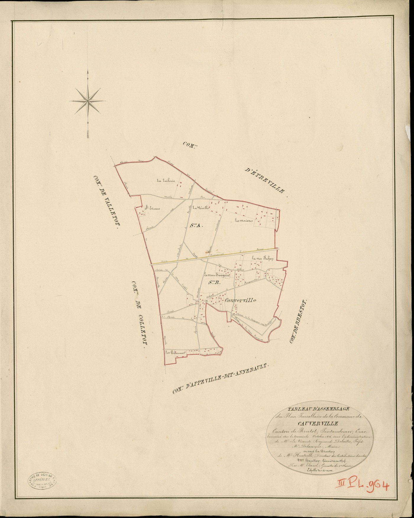 Cauverville-en-Roumois. Tableau d'assemblage _ du Plan Parcellaire de la Commune de Cauverville _ Canton de Routot - Pontaudemer - Eure. _ Terminé sur le Terrain en octobre 1826 , sous l'administration de M.Le Vicomte Raymond Delaitre, Préf