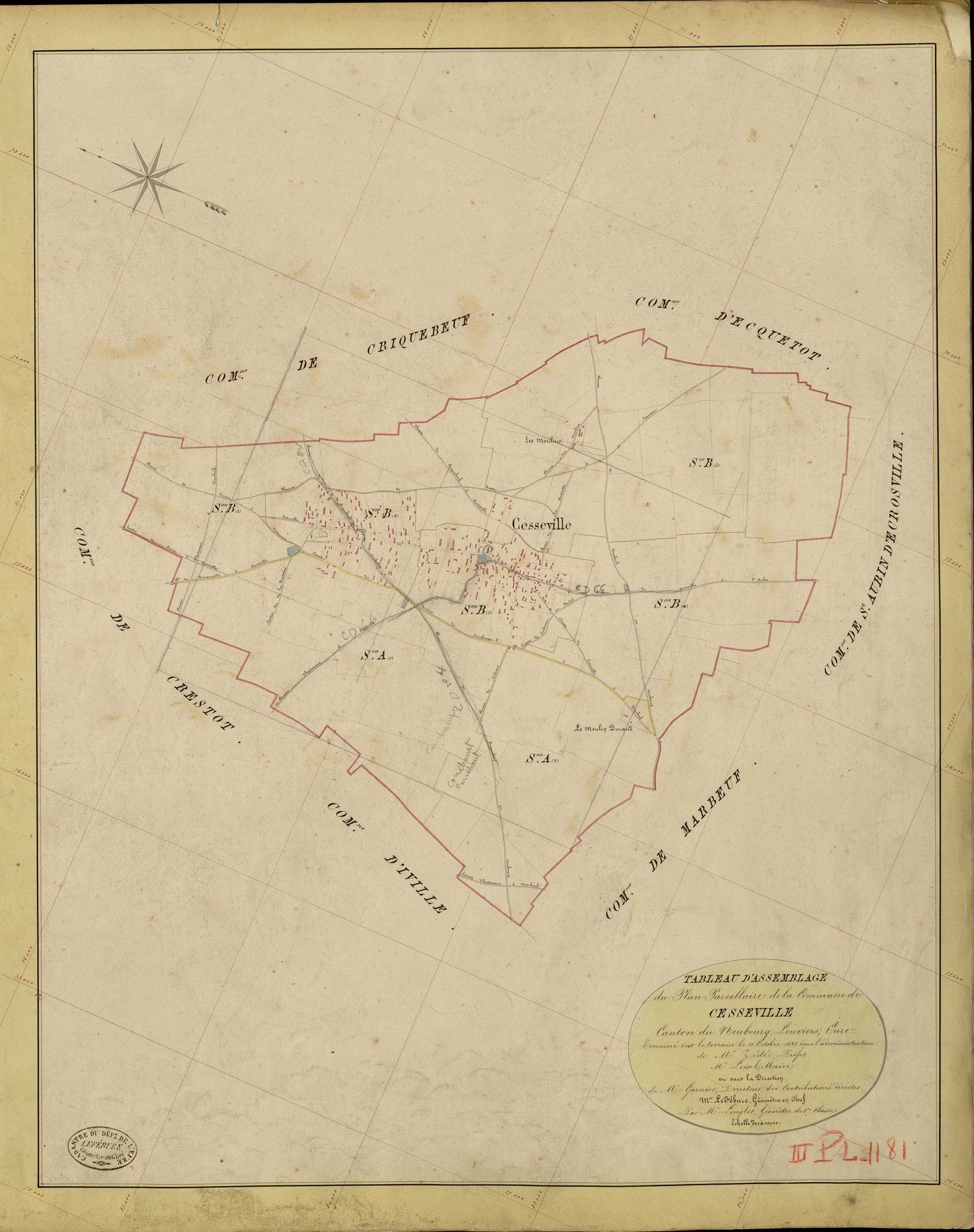 Cesseville. Tableau d'assemblage _ du Plan Parcellaire de la Commune de Cesseville _ Canton de Neubourg - Louviers - Eure. _ Terminé sur le Terrain le 11 Octobre 1842, sous l'administration de M. Zédé, Préfet _ M. Loisel, Maire _ et sous la
