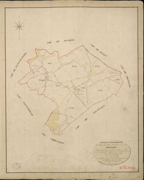 Chaignes. Tableau d'assemblage _ du Plan Parcellaire de la Commune de Chaignes _ Canton de Pacy sur Eure - Evreux - Eure. _ Terminé sur le Terrain le 4 Aout 1851, sous l'administration de M. Le Marquis de Ste Croix, Préfet _ M. Hurel, Maire
