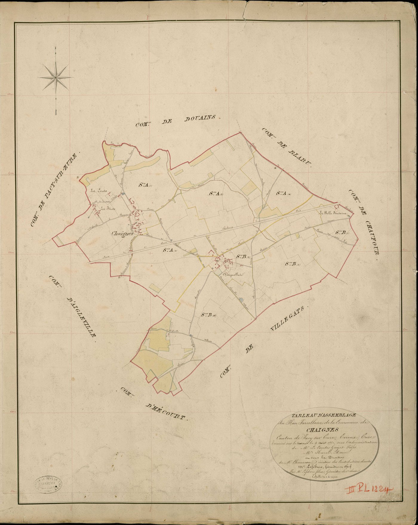 Chaignes. Tableau d'assemblage _ du Plan Parcellaire de la Commune de Chaignes _ Canton de Pacy sur Eure - Evreux - Eure. _ Terminé sur le Terrain le 4 Aout 1851, sous l'administration de M. Le Marquis de Ste Croix, Préfet _ M. Hurel, Maire