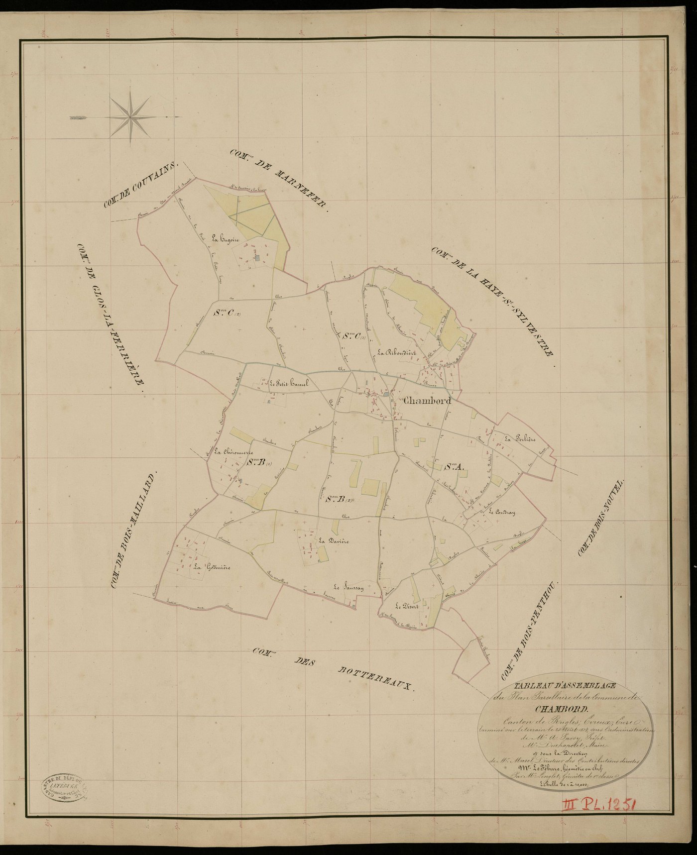 Chambord. Tableau d'assemblage _ du Plan Parcellaire de la Commune de Chambord _ Canton de Rugles - Evreux - Eure. _ Terminé sur le Terrain le 23 Aout 1834, sous l'administration de M. A Passy, Préfet _ M. Duchapelet, Maire _ et sous la Dir