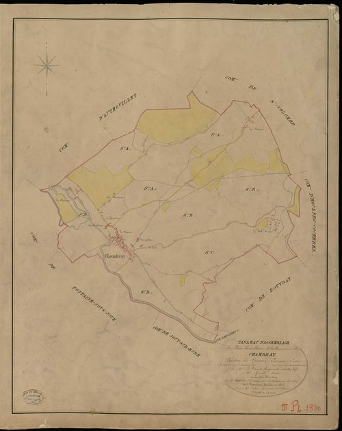Chambray. Tableau d'assemblage _ du Plan Parcellaire de la Commune de Chambray _ Canton de Vernon - Evreux - Eure. _ Terminé sur le Terrain en 1825, sous l'administration de M. Le Vicomte Raymond Delaitre, Préfet _ M. Gruel, Maire _ et sous