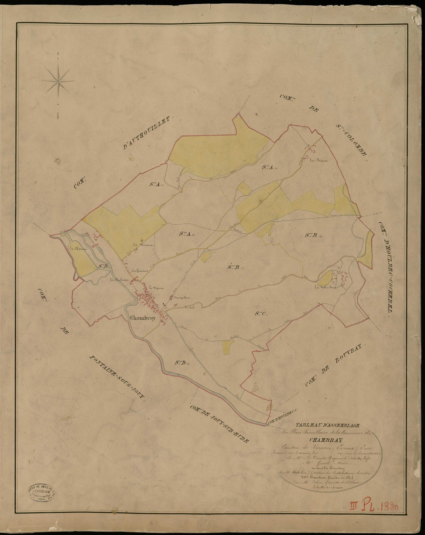 Chambray. Tableau d'assemblage _ du Plan Parcellaire de la Commune de Chambray _ Canton de Vernon - Evreux - Eure. _ Terminé sur le Terrain en 1825, sous l'administration de M. Le Vicomte Raymond Delaitre, Préfet _ M. Gruel, Maire _ et sous