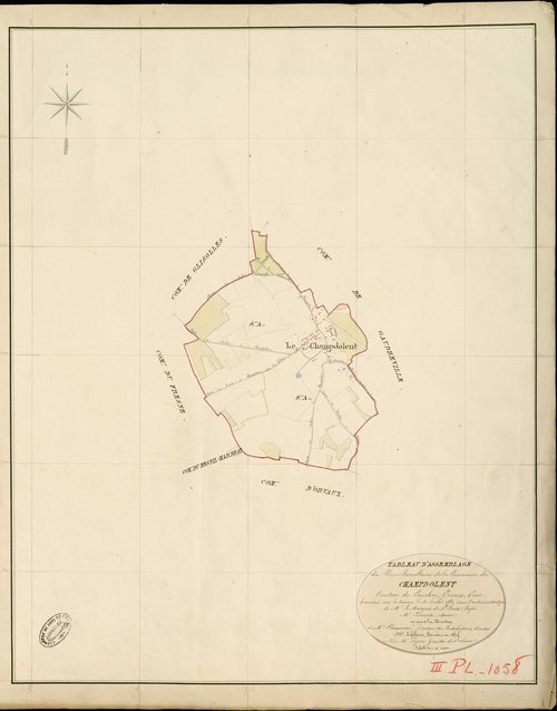 Champ-Dolent. Tableau d'assemblage _ du Plan Parcellaire de la Commune de Champdolent _ Canton de Conches - Evreux - Eure. _ Terminé sur le Terrain le 30 Juillet 1839 , sous l'administration de M. Le Marquis de Ste Croix, Préfet _ M. Lecomp