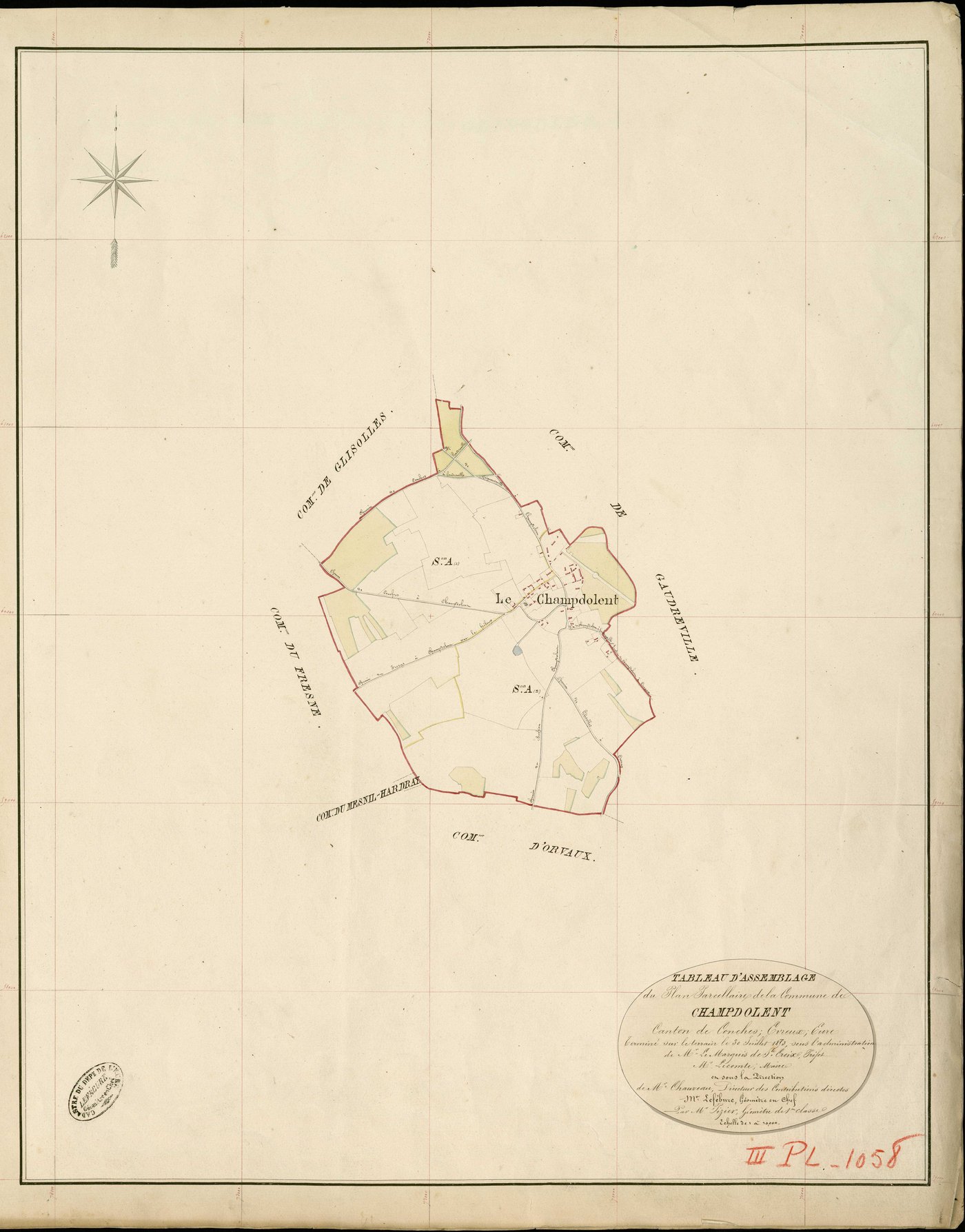 Champ-Dolent. Tableau d'assemblage _ du Plan Parcellaire de la Commune de Champdolent _ Canton de Conches - Evreux - Eure. _ Terminé sur le Terrain le 30 Juillet 1839 , sous l'administration de M. Le Marquis de Ste Croix, Préfet _ M. Lecomp