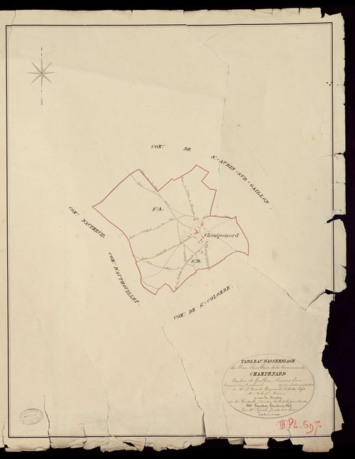 Champenard. Tableau d'assemblage du Plan Parcellaire de la Commune de Champenard. _ Canton de Gaillon - Louviers - Eure. _ Terminé sur le terrain en 1829, sous l'administration de M. Le Vicomte Raymond Delaitre, Préfet - M. Robert, Maire et
