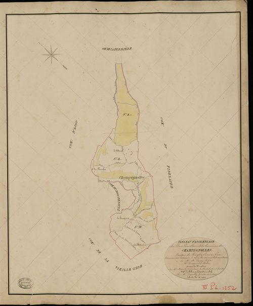 Champignolles. Tableau d'assemblage _ du Plan Parcellaire de la Commune de Champignolles _ Canton de Rugles - Evreux - Eure. _ Terminé sur le Terrain le 24 Juillet 1834, sous l'administration de M. A Passy, Préfet _ M. Raisant, Maire _ et s