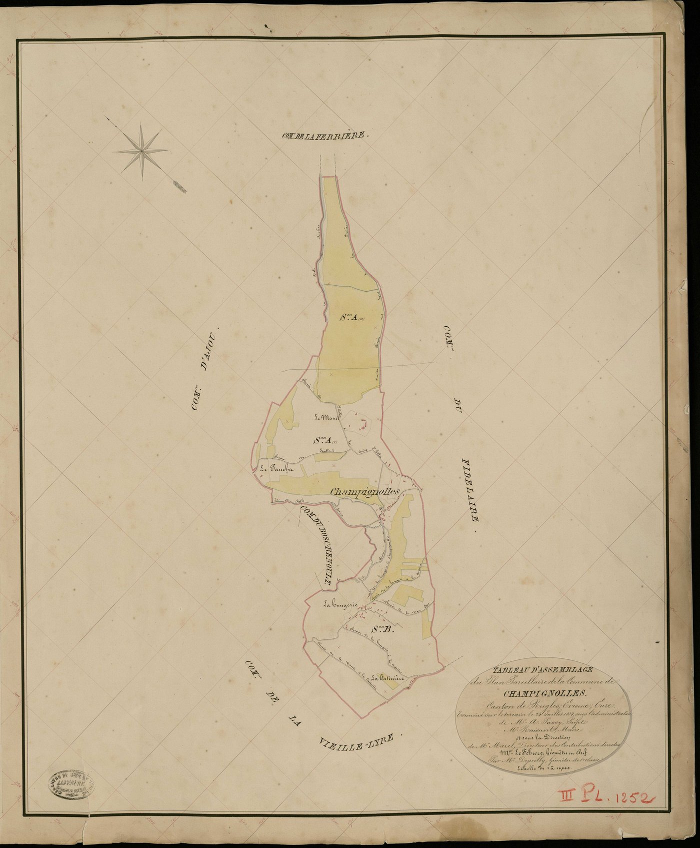 Champignolles. Tableau d'assemblage _ du Plan Parcellaire de la Commune de Champignolles _ Canton de Rugles - Evreux - Eure. _ Terminé sur le Terrain le 24 Juillet 1834, sous l'administration de M. A Passy, Préfet _ M. Raisant, Maire _ et s