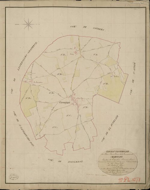 Champigny-la-Futelaye. Tableau d'assemblage _ du Plan Parcellaire de la Commune de Champigny _ Canton de Saint André - Evreux - Eure. _ Terminé sur le Terrain le 12 Aout 1837, sous l'administration de M. Passy, Préfet _ M. Malassis, Maire _