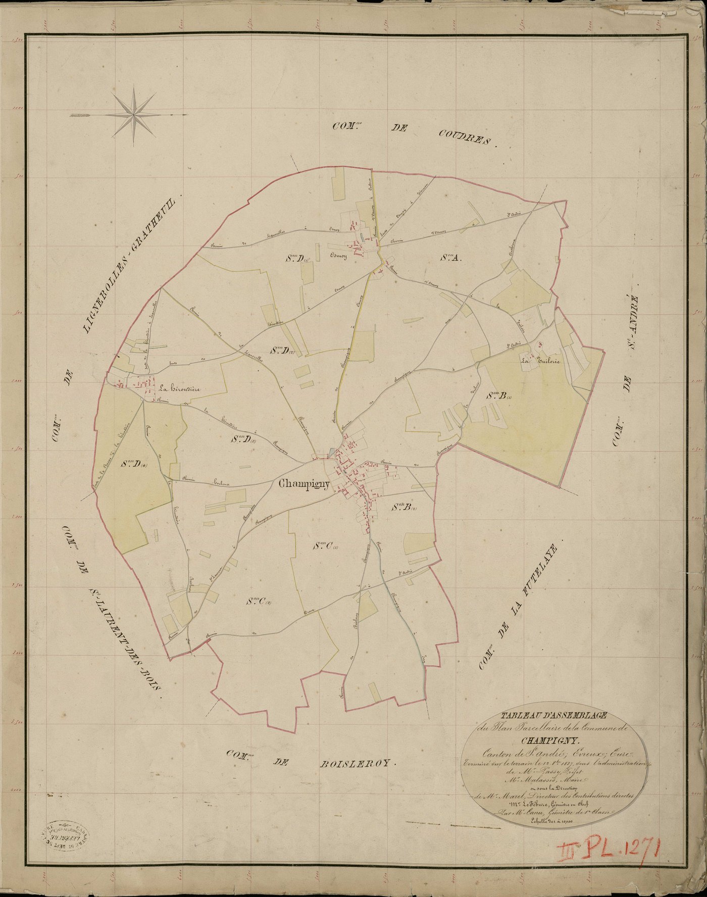 Champigny-la-Futelaye. Tableau d'assemblage _ du Plan Parcellaire de la Commune de Champigny _ Canton de Saint André - Evreux - Eure. _ Terminé sur le Terrain le 12 Aout 1837, sous l'administration de M. Passy, Préfet _ M. Malassis, Maire _