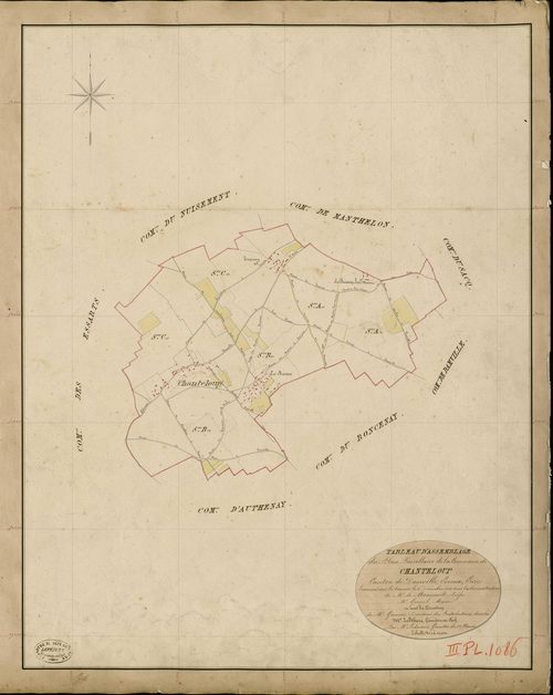 Chanteloup. Tableau d'assemblage _ du Plan Parcellaire de la Commune de Chanteloup _ Canton de Damville - Evreux - Eure. _ Terminé sur le Terrain le 5 Décembre 1838 , sous l'administration de M. de Monicault, Préfet _ M. Goupil, Maire _ sou