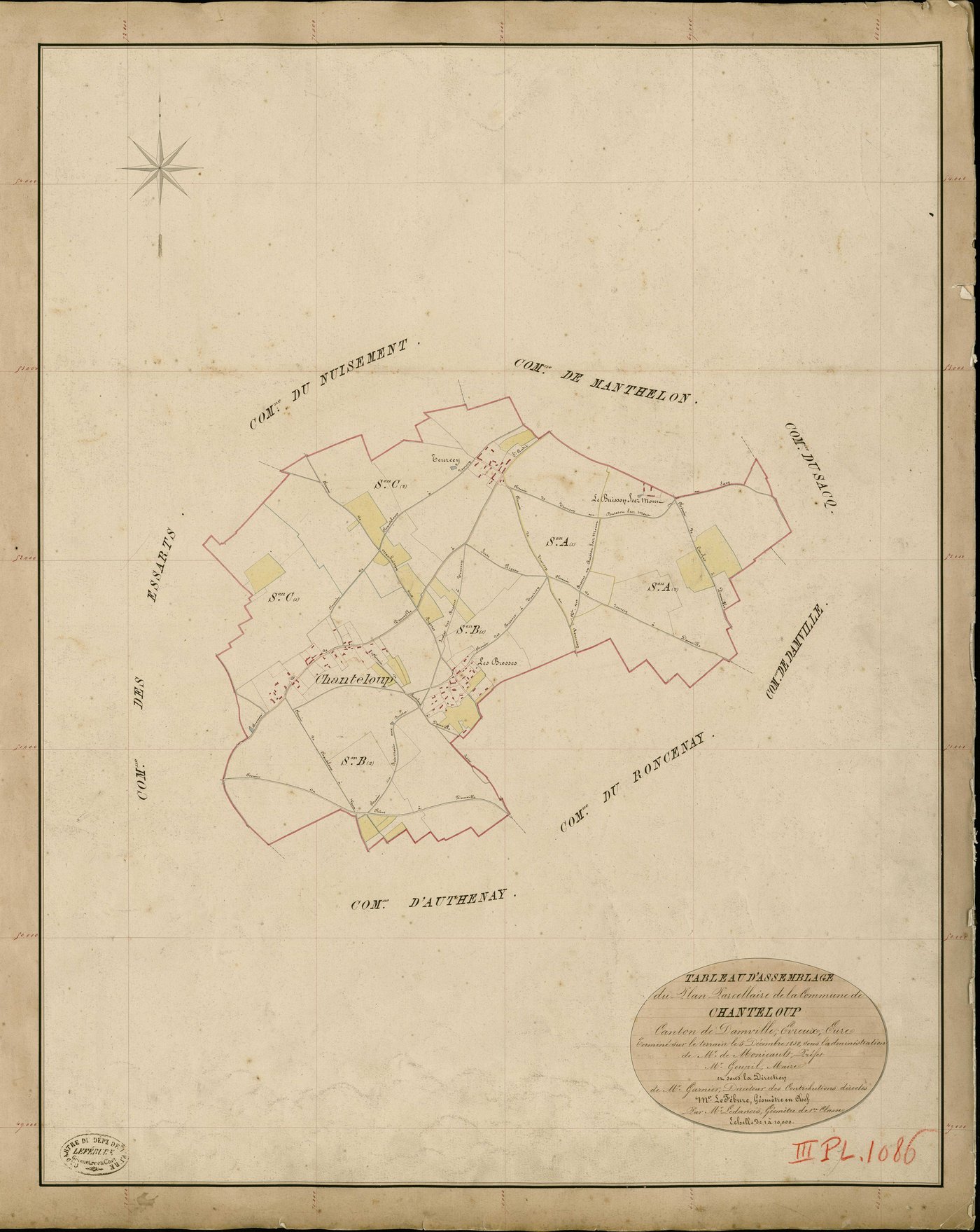 Chanteloup. Tableau d'assemblage _ du Plan Parcellaire de la Commune de Chanteloup _ Canton de Damville - Evreux - Eure. _ Terminé sur le Terrain le 5 Décembre 1838 , sous l'administration de M. de Monicault, Préfet _ M. Goupil, Maire _ sou