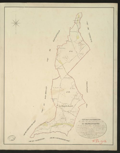 Chapelle-Bayvel (La). Tableau d'assemblage du Plan Parcellaire de la Commune de La Chapelle-Bayvel _ Canton de Cormeilles - Pont-Audemer - Eure _ Terminé sur le terrain le 1826, sous l'administration de M. Le Vicomte Raymond Delaitre, Préfe