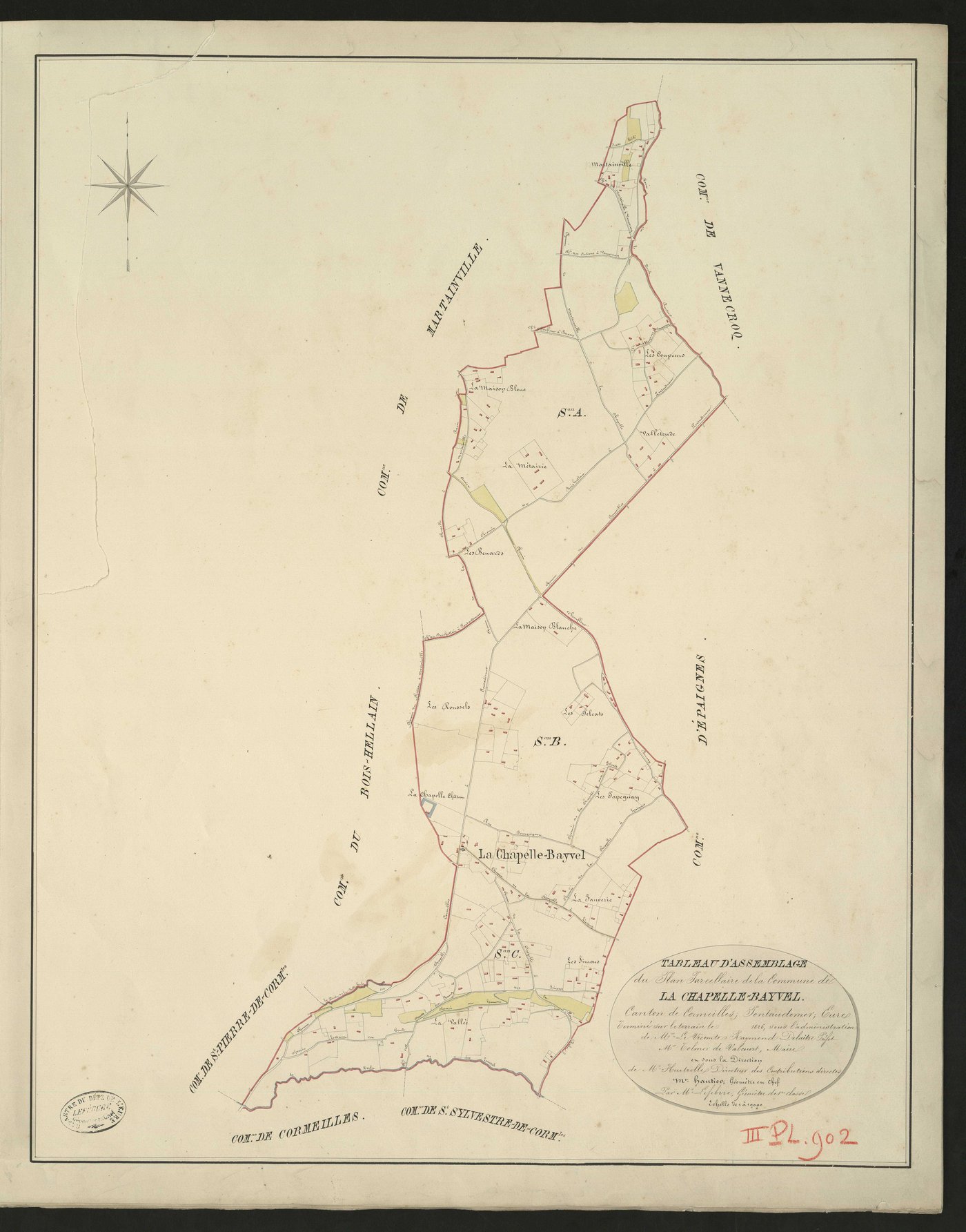 Chapelle-Bayvel (La). Tableau d'assemblage du Plan Parcellaire de la Commune de La Chapelle-Bayvel _ Canton de Cormeilles - Pont-Audemer - Eure _ Terminé sur le terrain le 1826, sous l'administration de M. Le Vicomte Raymond Delaitre, Préfe