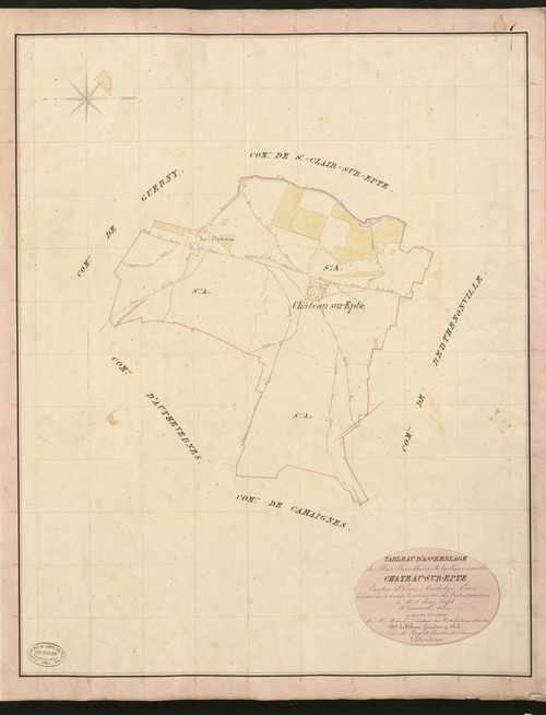 Château-sur-Epte. Tableau d'assemblage du Plan Parcellaire de la Commune de Château-sur-Epte. _ Canton d'Ecos - Andelys - Eure. _ Terminé sur le terrain le 31 août 1836, sous l'administration de M. A Passy, Préfet - M. Trouard, Maire et sou